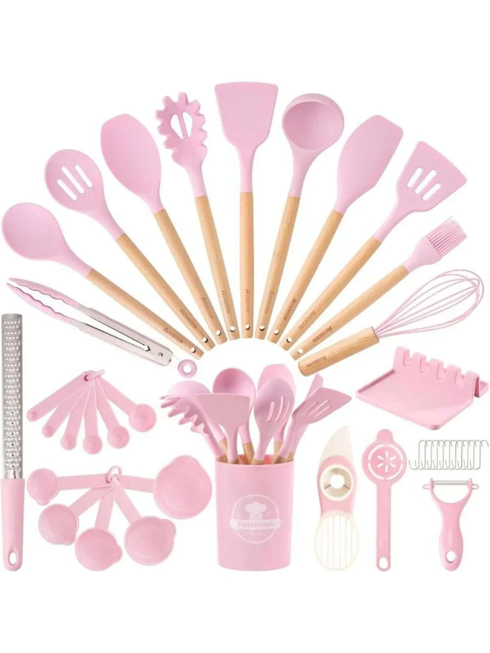 39 PCS Silicone Cooking Utensils Set with Wooden Handles, Heat Resistant & BPA